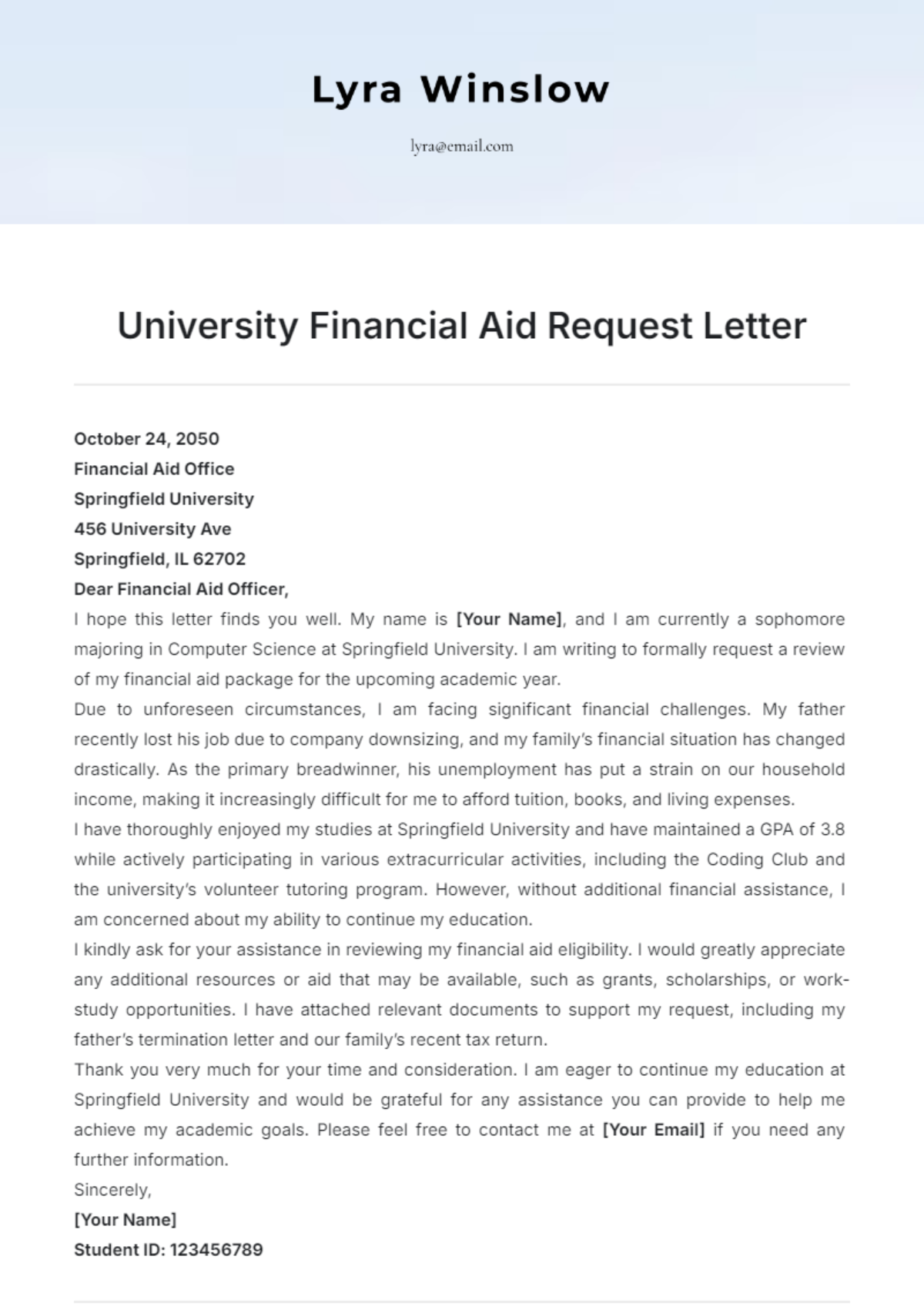 University Financial Aid Request Letter Template - Edit Online & Download