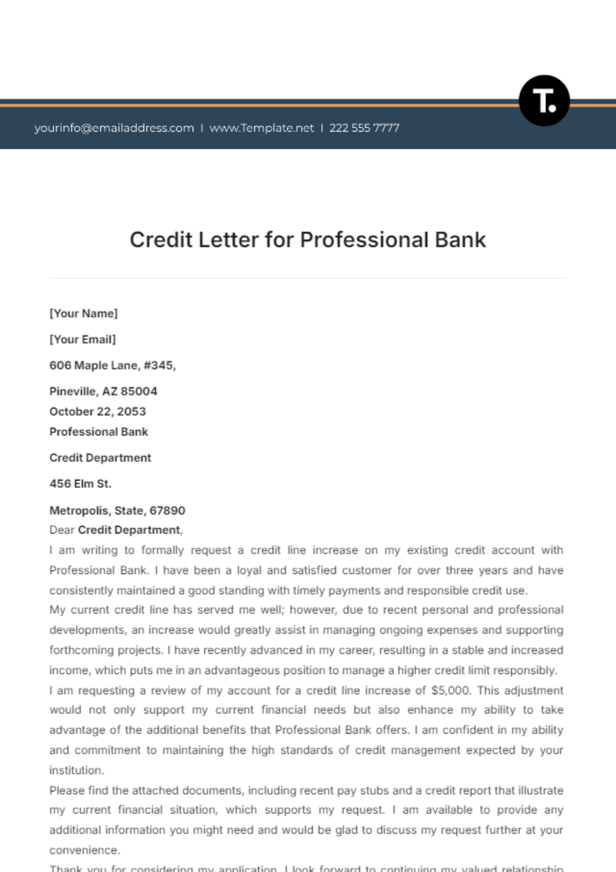 Credit Letter for Professional Bank Template - Edit Online & Download