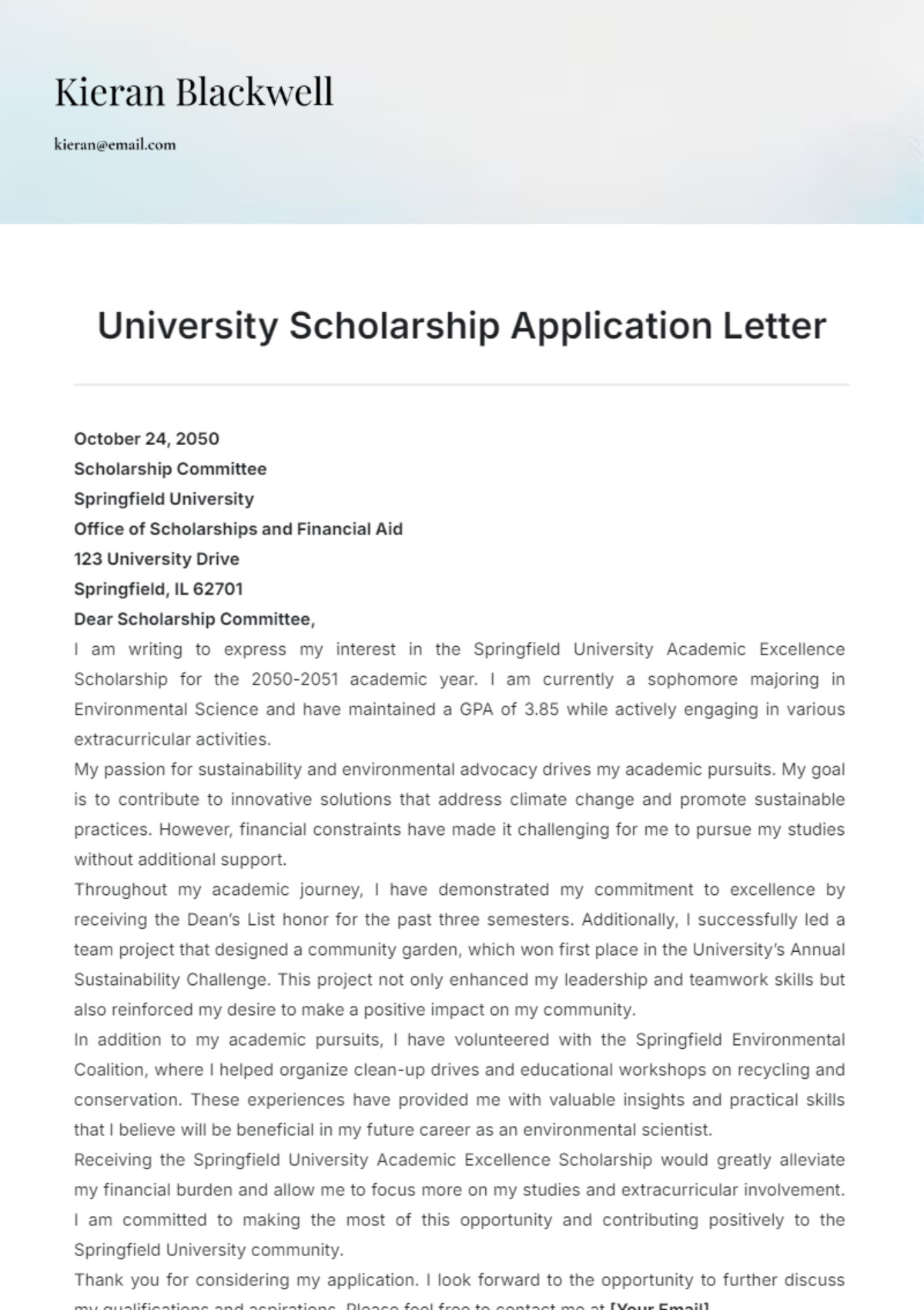 University Scholarship Application Letter Template - Edit Online & Download