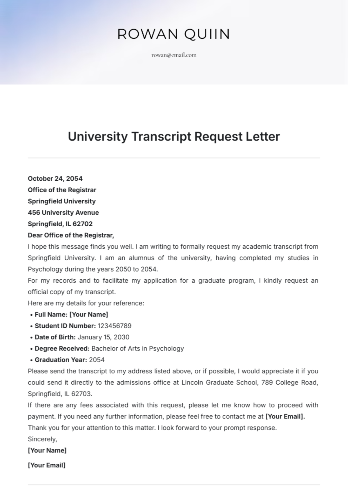 University Transcript Request Letter Template - Edit Online & Download