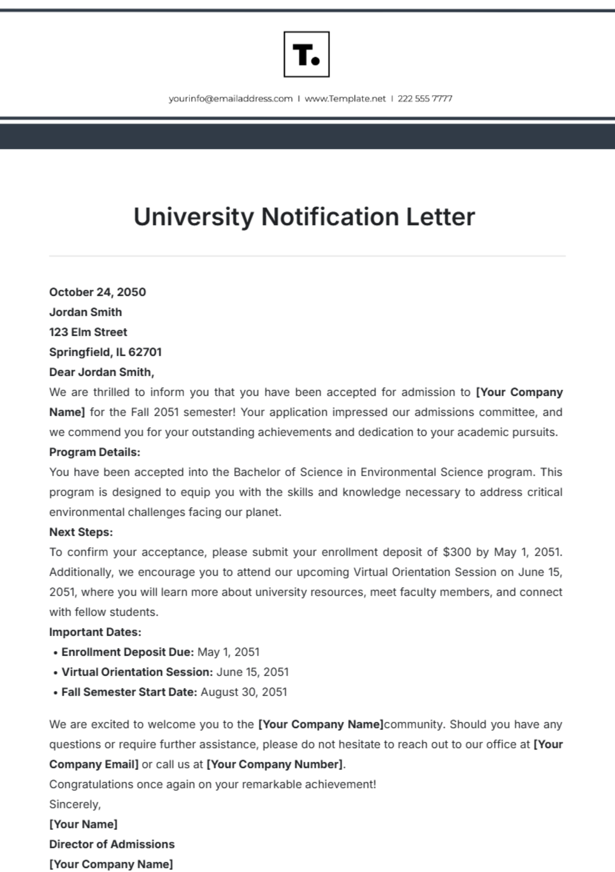 University Notification Letter Template - Edit Online & Download