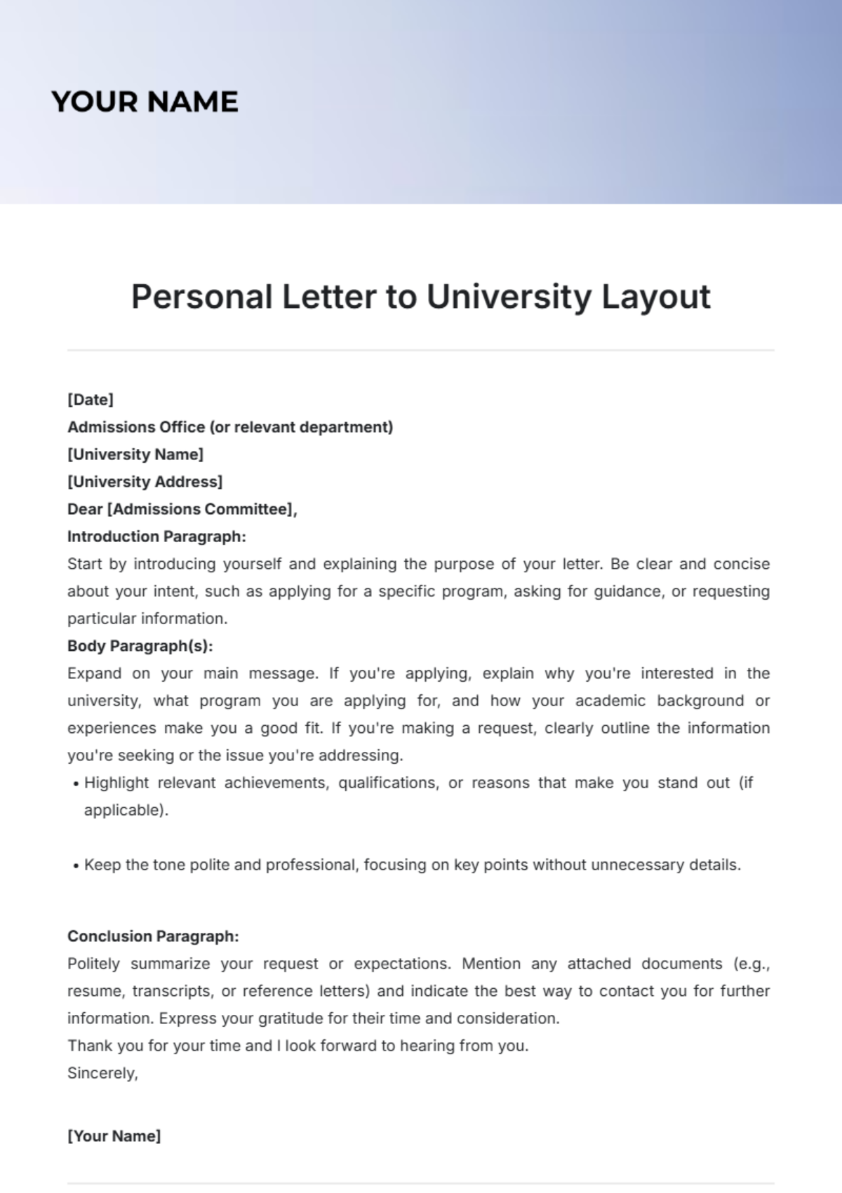 Personal Letter to University Layout Template - Edit Online & Download