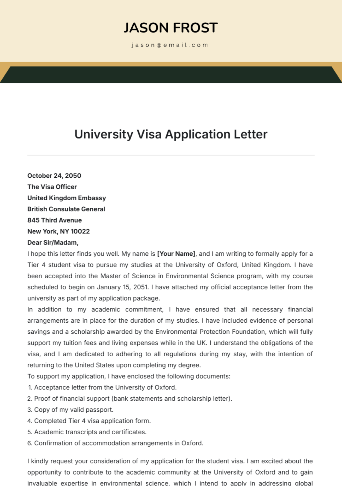 University Visa Application Letter Template - Edit Online & Download