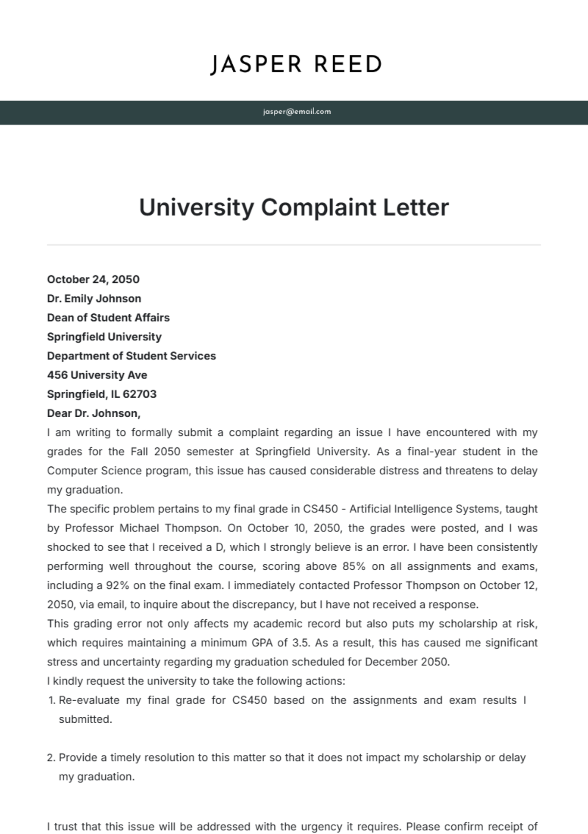 University Complaint Letter Template - Edit Online & Download