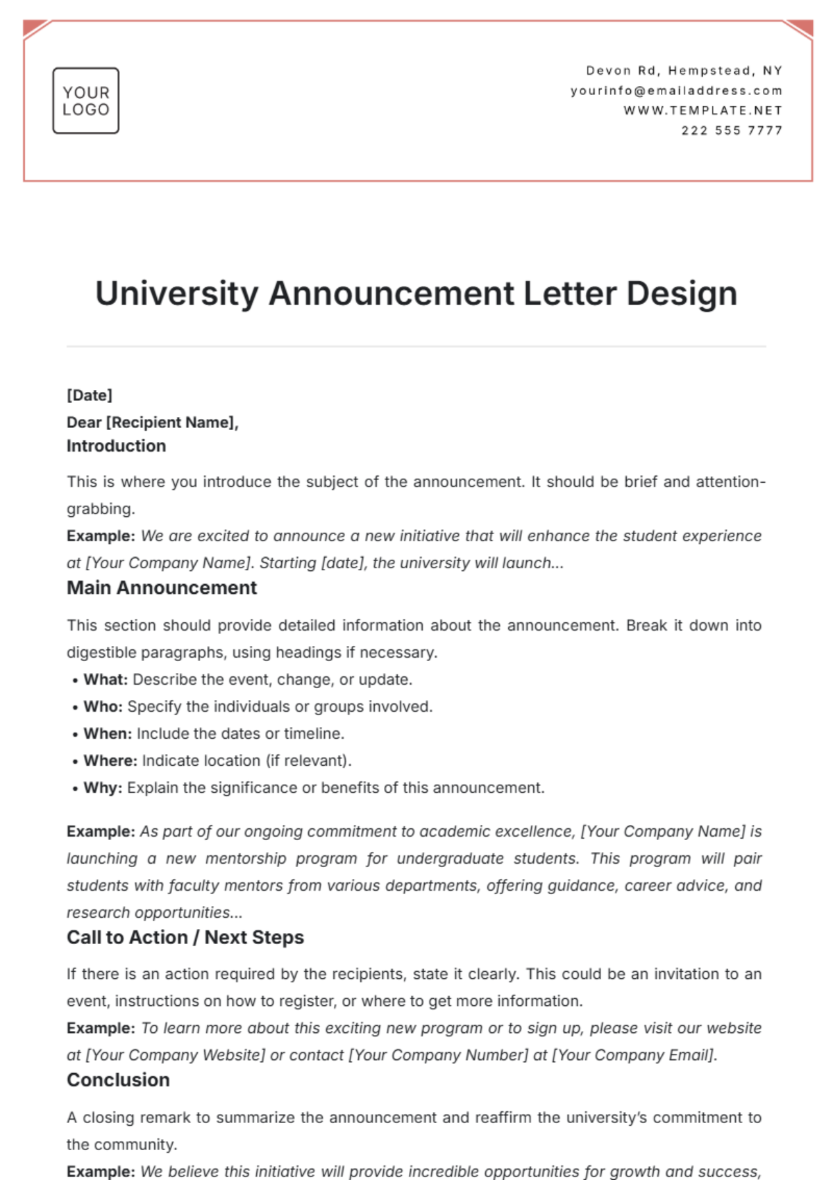 University Announcement Letter Design Template - Edit Online & Download