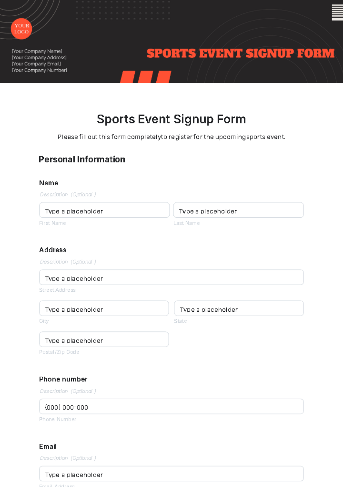 Sports Event Signup Form Template - Edit Online & Download