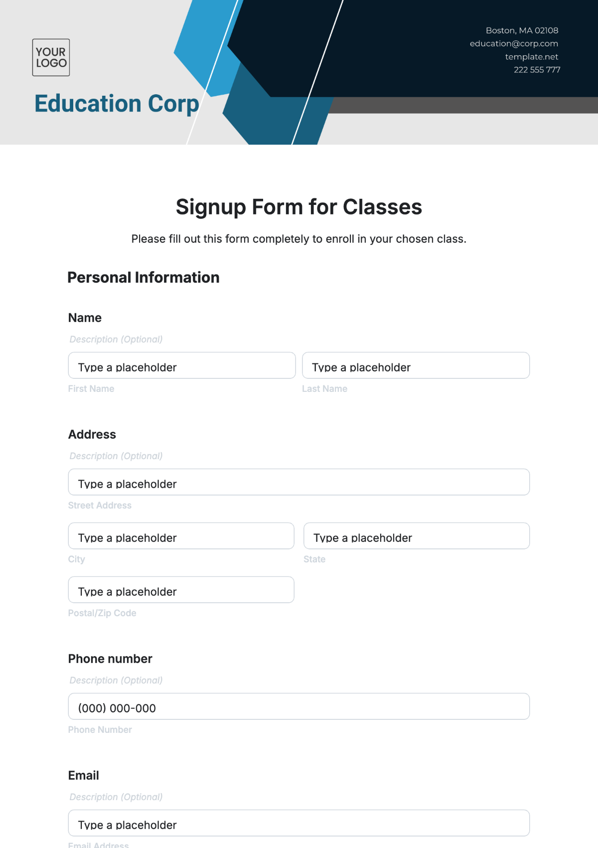 Signup Form for Classes Template - Edit Online & Download