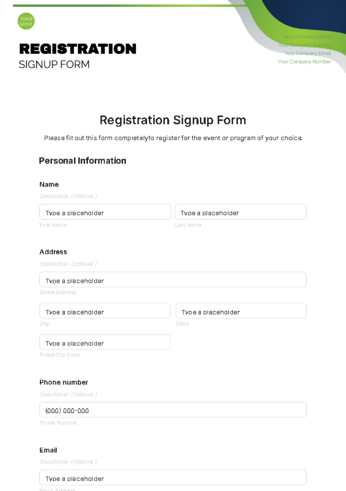 Registration Signup Form Template - Edit Online & Download