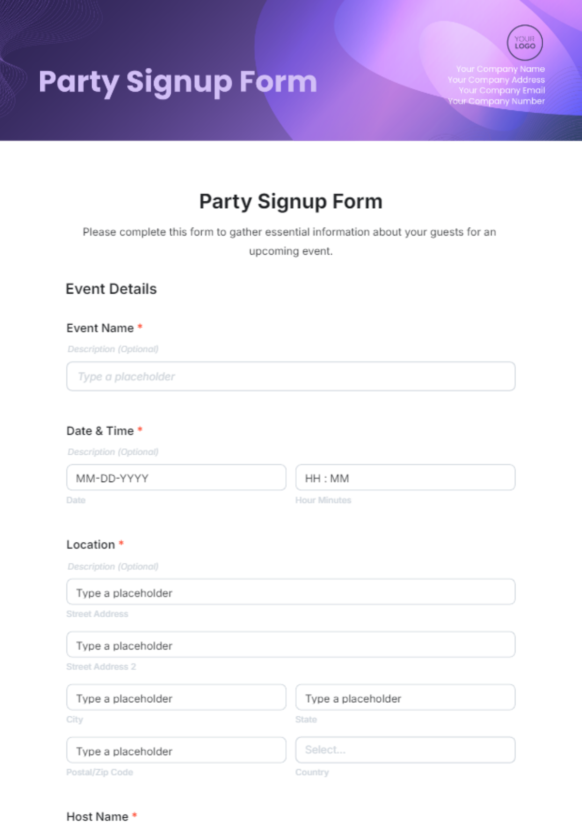 Party Signup Form Template - Edit Online & Download