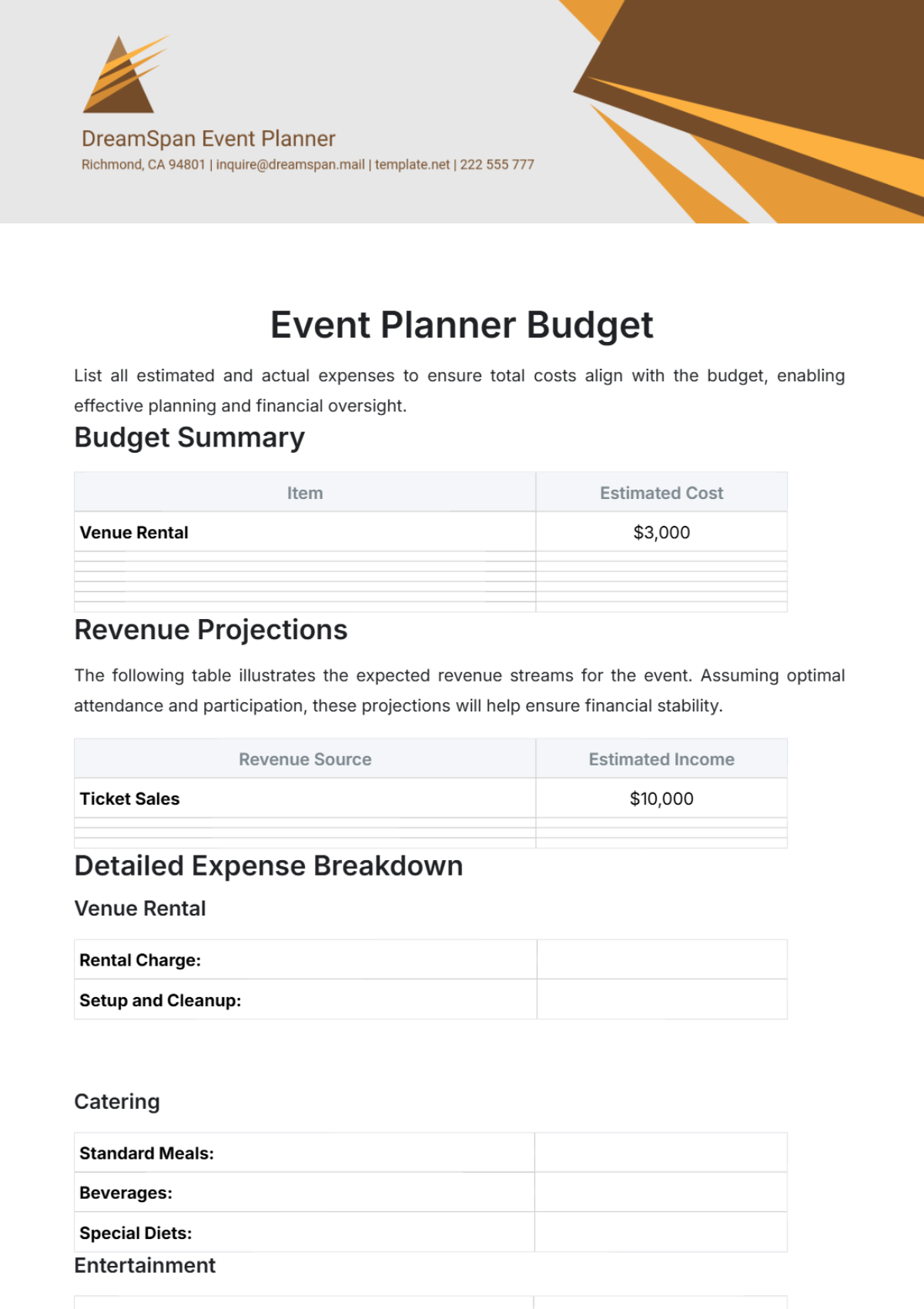 Free Event Planner Budget Template