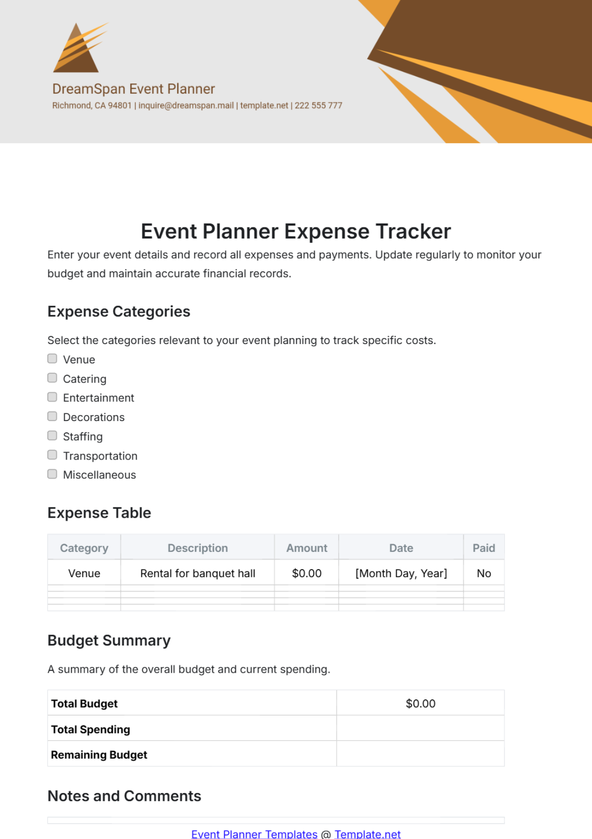 Free Event Planner Expense Tracker Template