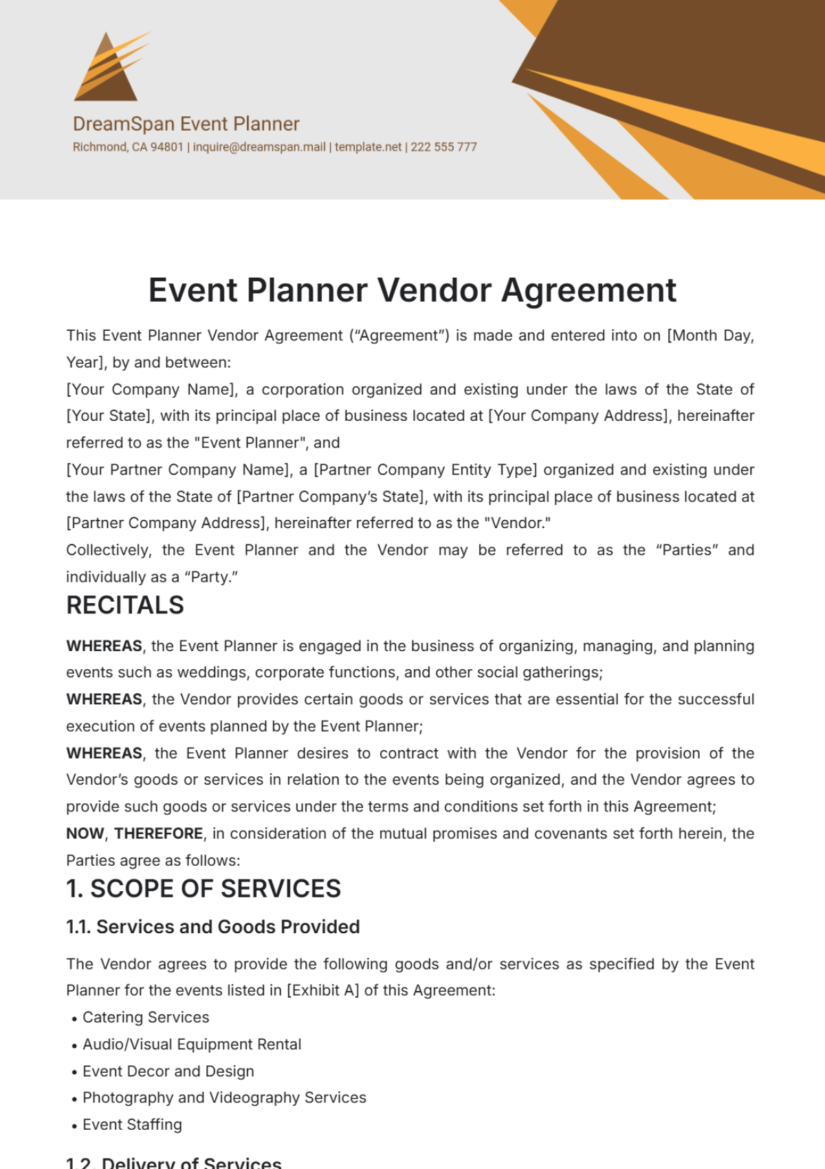 Free Event Planner Vendor Agreement Template