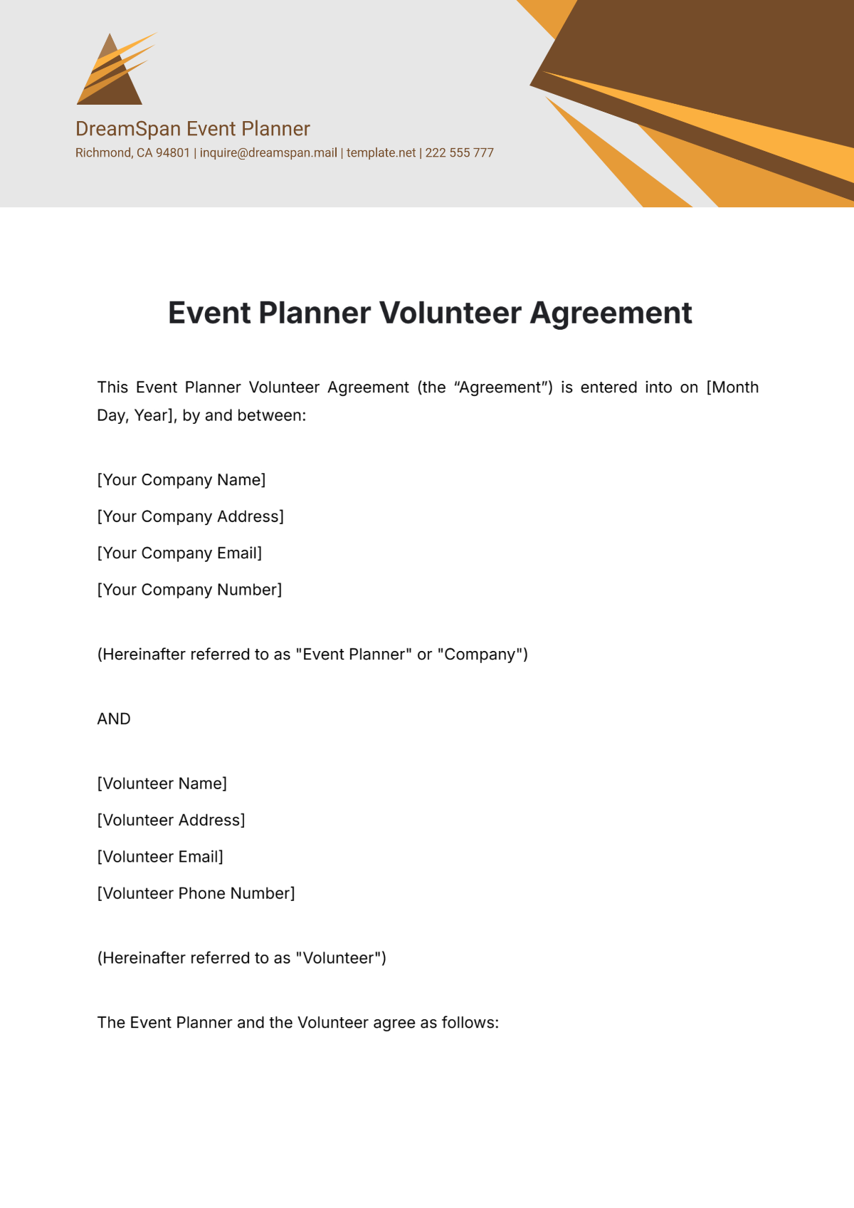 Free Event Planner Volunteer Agreement Template