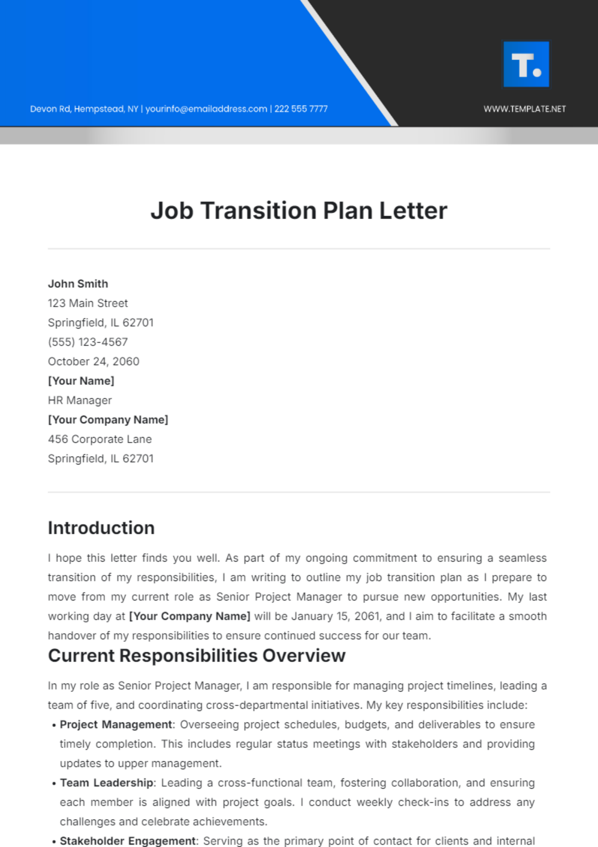 Job Transition Plan Letter Template - Edit Online & Download