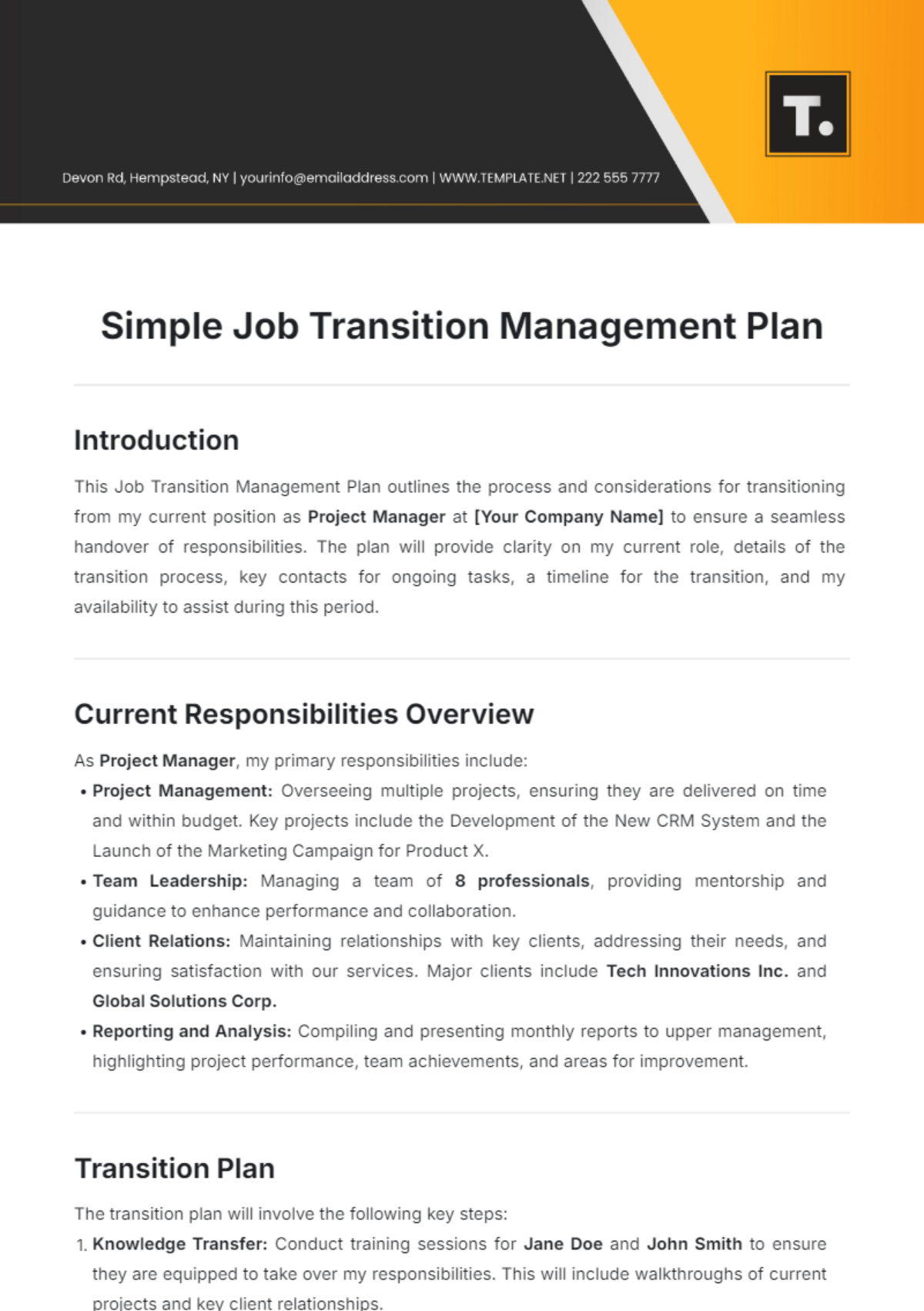 Simple Job Transition Management Plan Template - Edit Online & Download