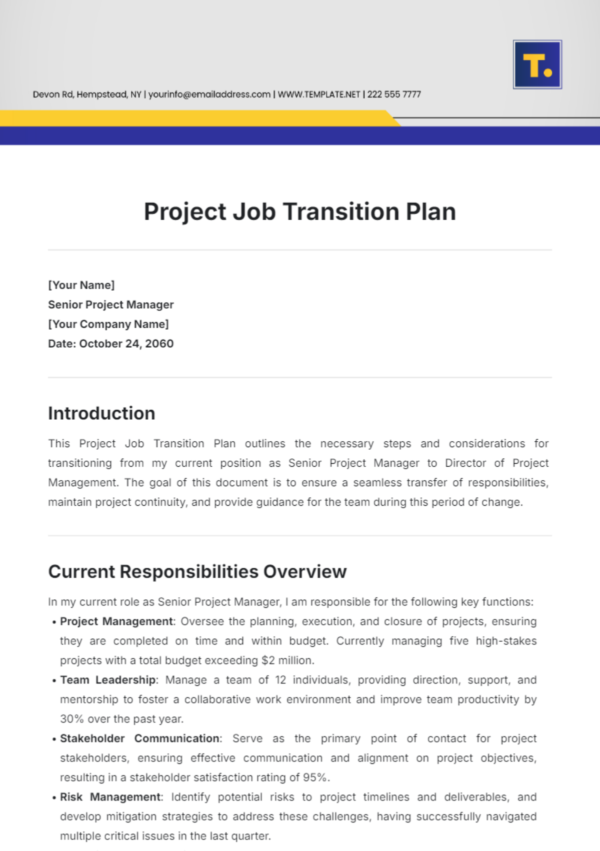 Project Job Transition Plan Template - Edit Online & Download