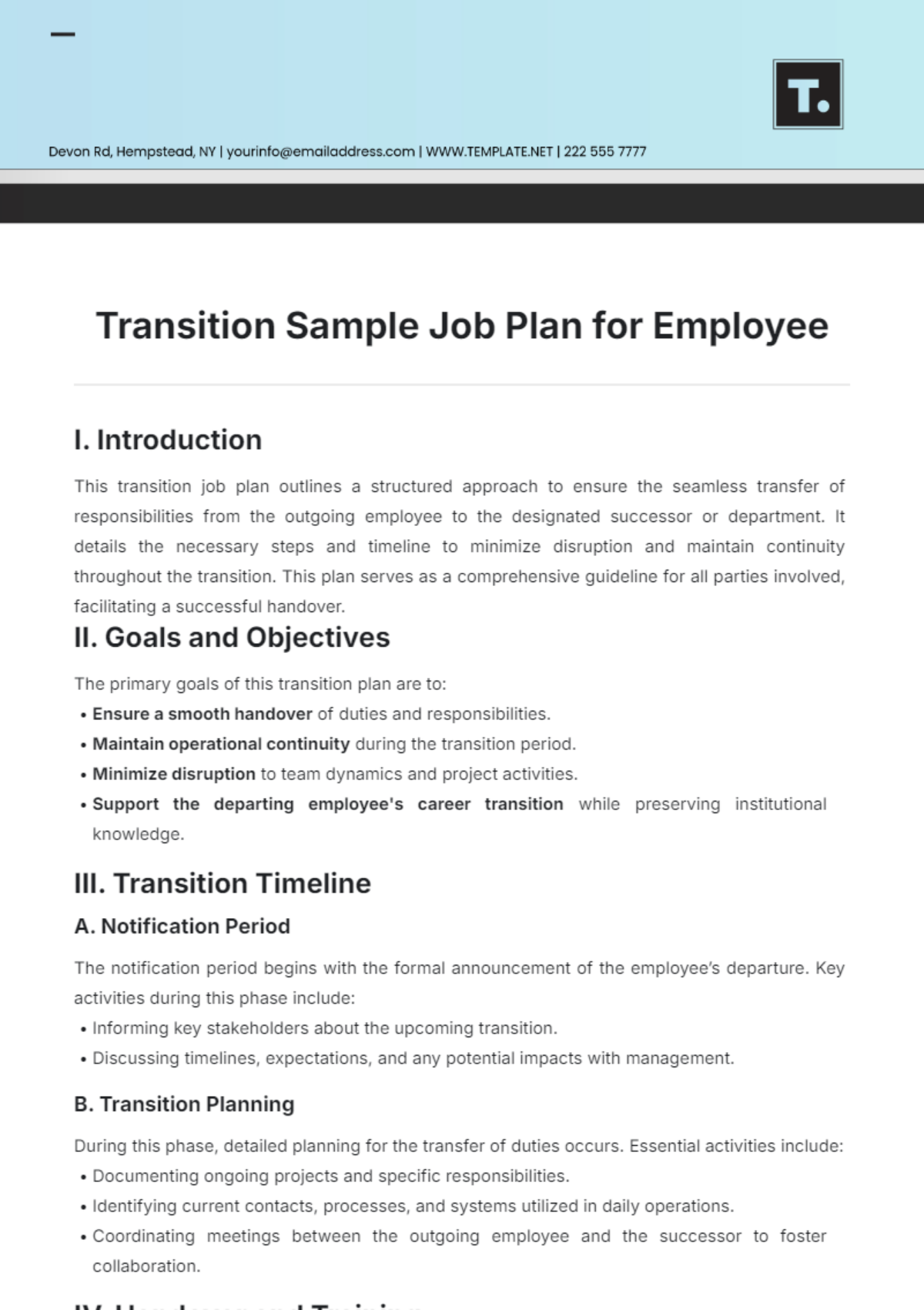 Transition Sample Job Plan for Employee Template - Edit Online & Download