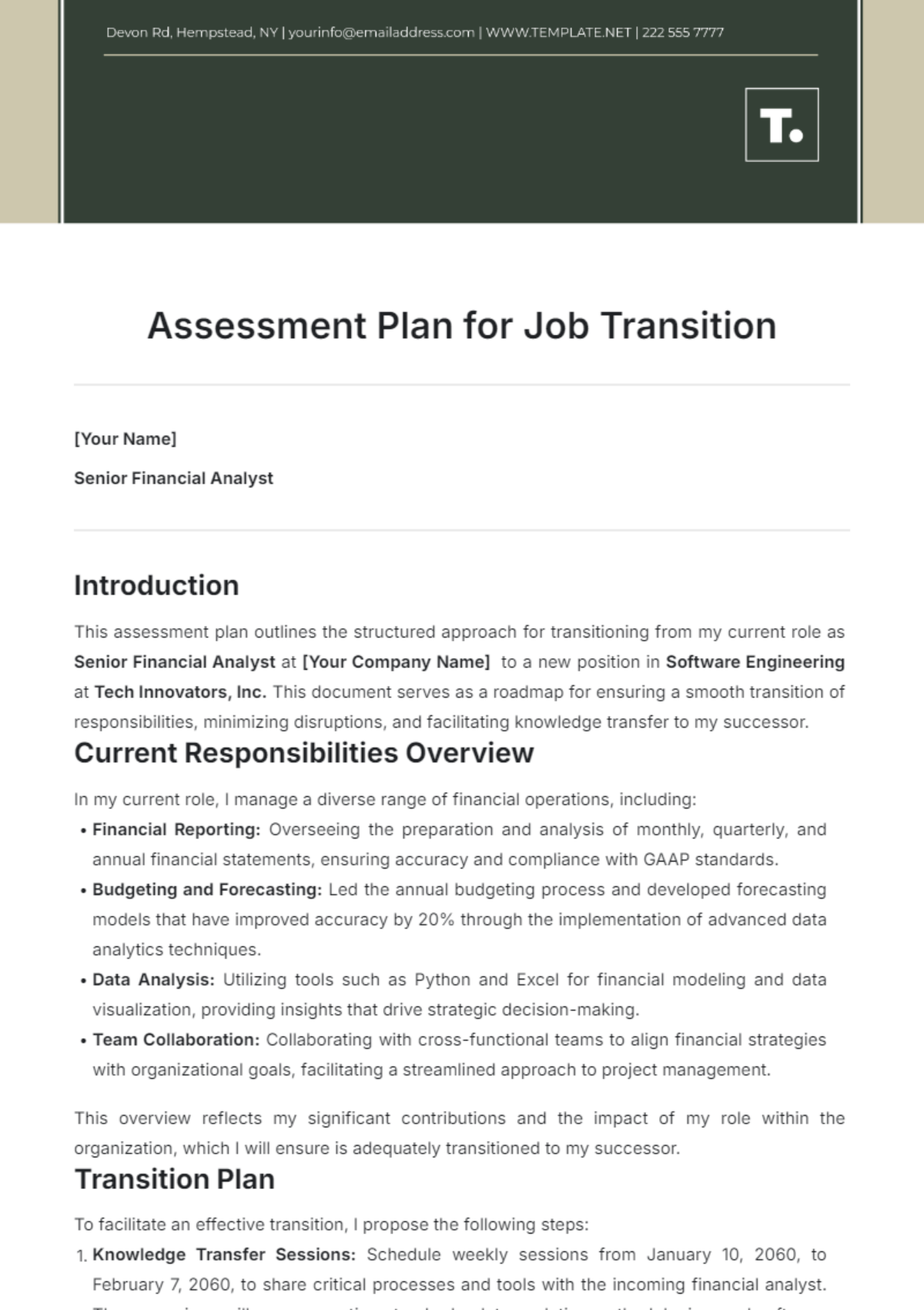 Assessment Plan for Job Transition Template - Edit Online & Download