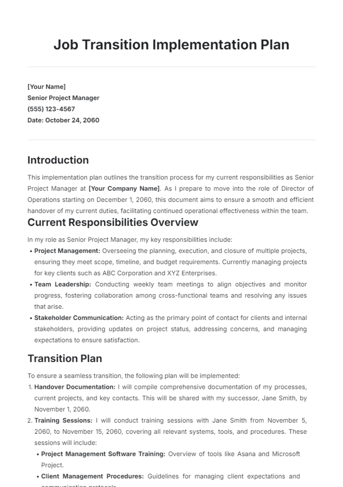 Job Transition for  Implementation Plan Template - Edit Online & Download