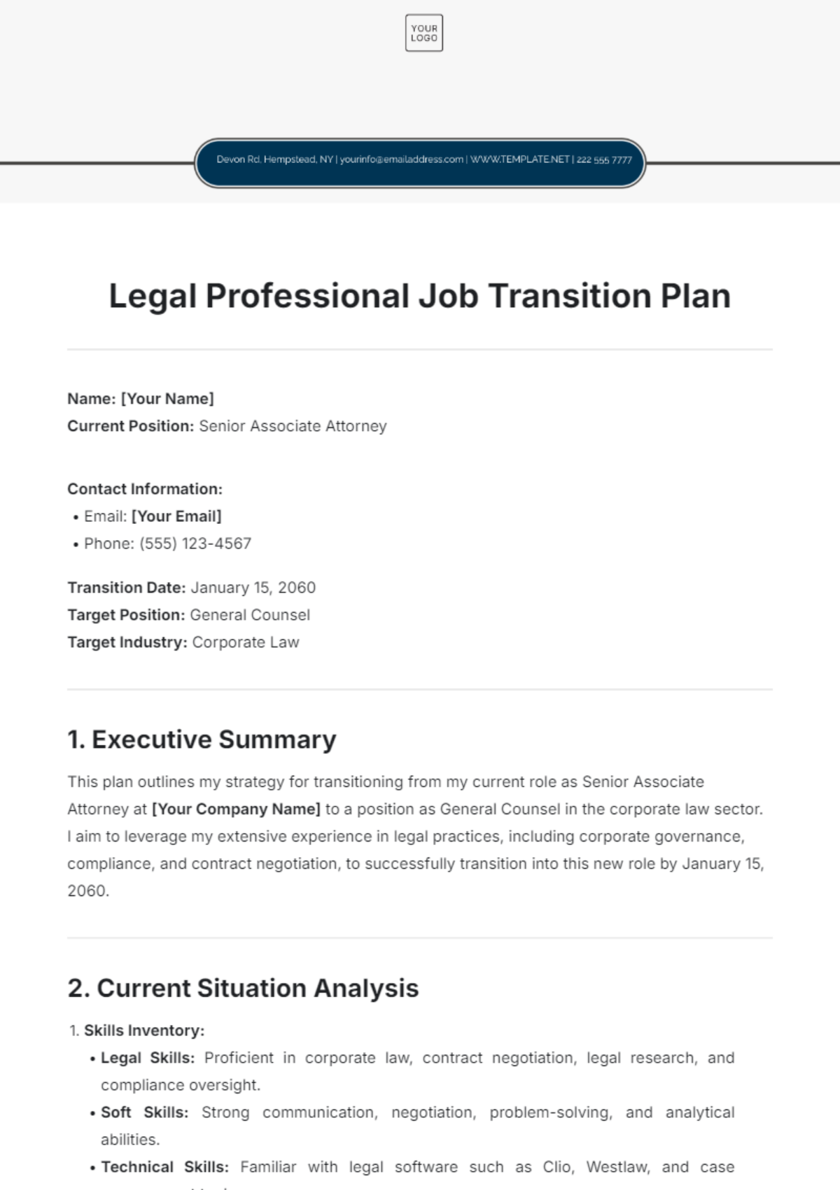 Legal Professional Job Transition Plan Template - Edit Online & Download