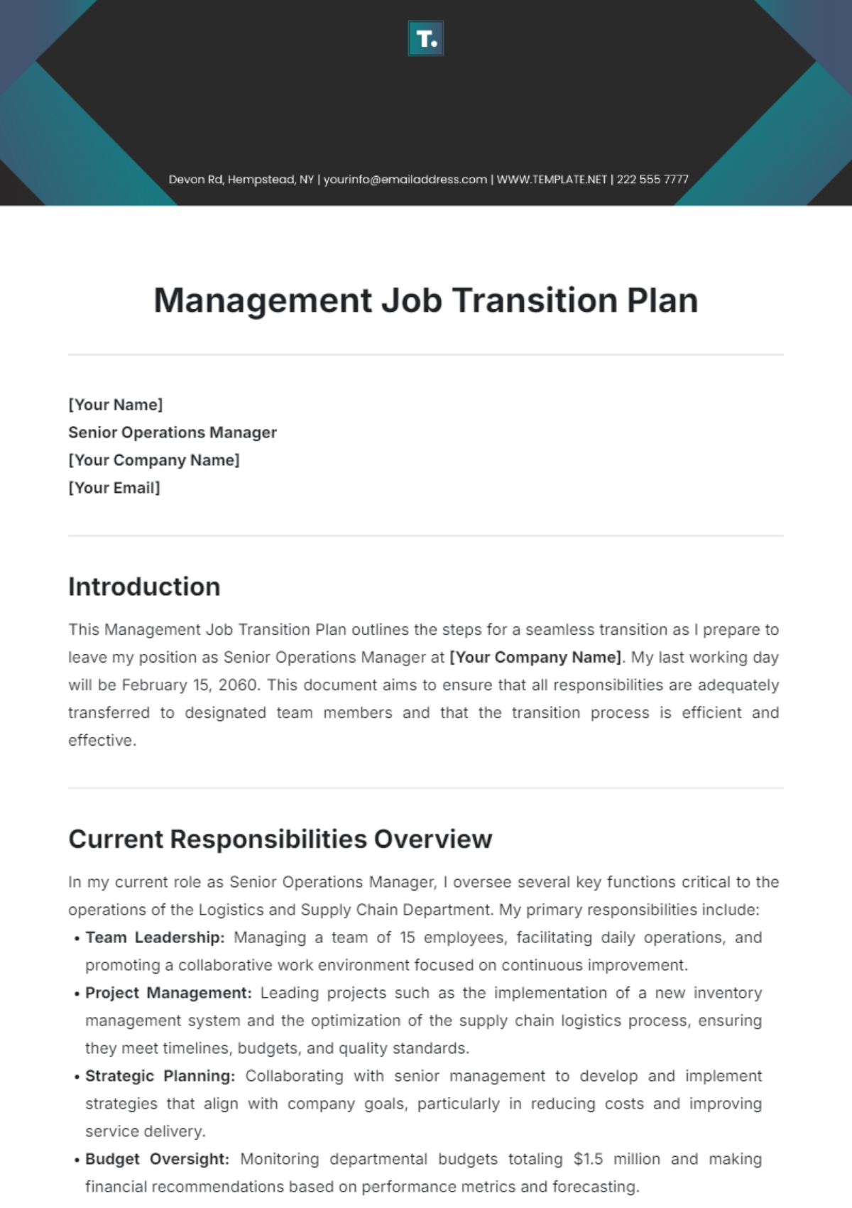 Management Job Transition Plan Template - Edit Online & Download