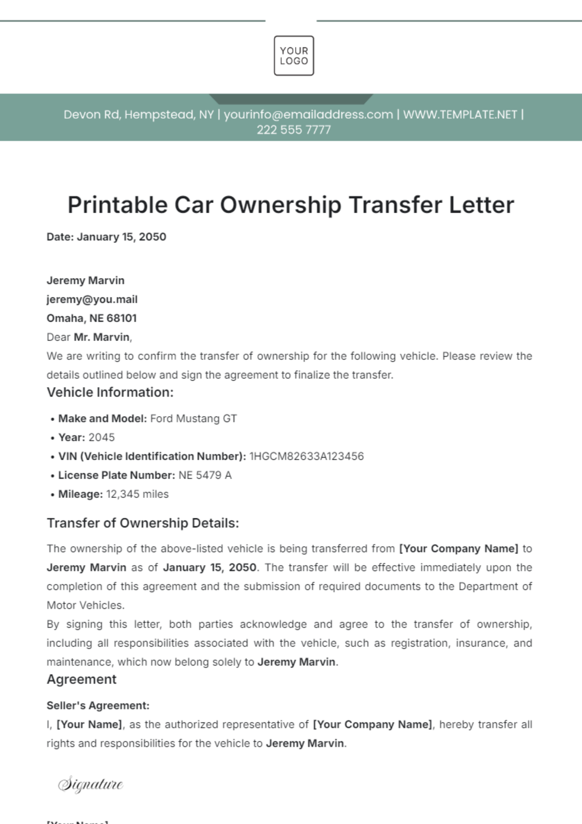 Printable Car Ownership Transfer Letter Template - Edit Online & Download