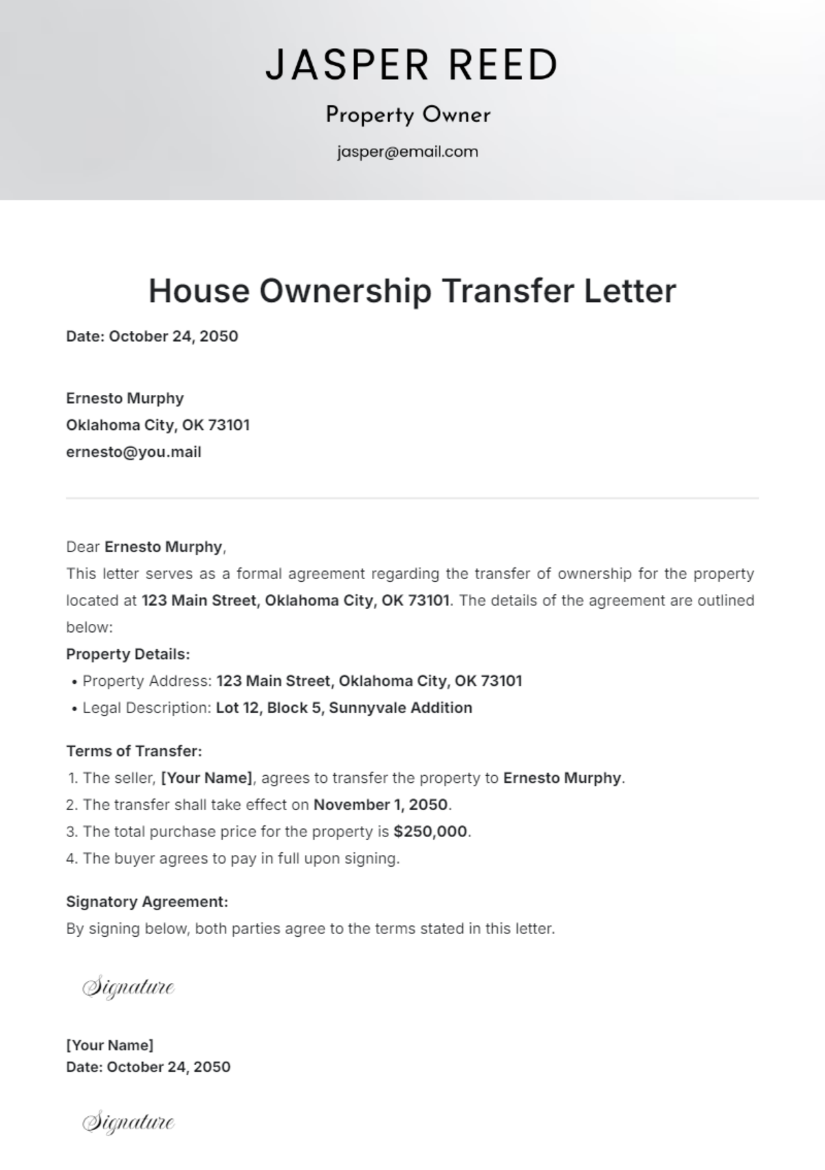 House Ownership Transfer Letter Template - Edit Online & Download