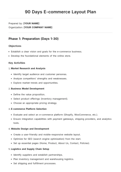 Free 90 Days E-commerce Layout Plan Template to Edit Online