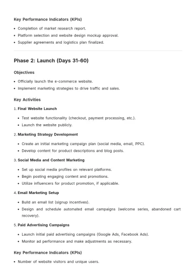 Free 90 Days E-commerce Layout Plan Template to Edit Online