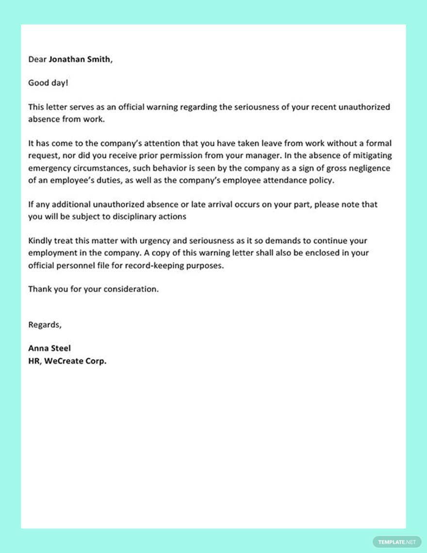 Warning Letter for Poor Attendance in Word, Google Docs, PDF - Download | Template.net