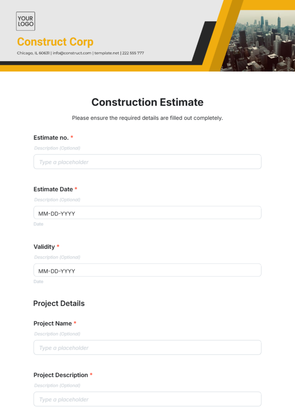 Construction Estimate Template - Edit Online & Download