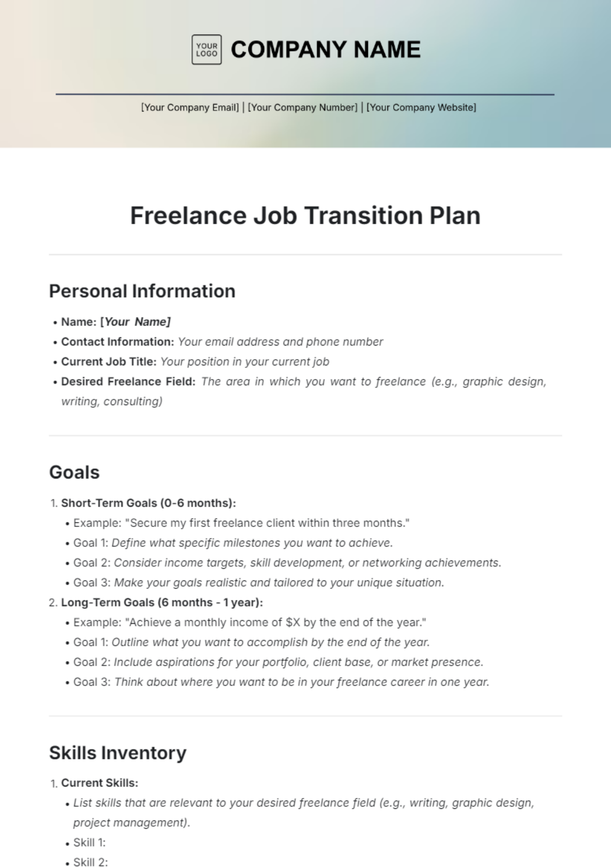 Blank Freelance Job Transition Plan Template - Edit Online & Download