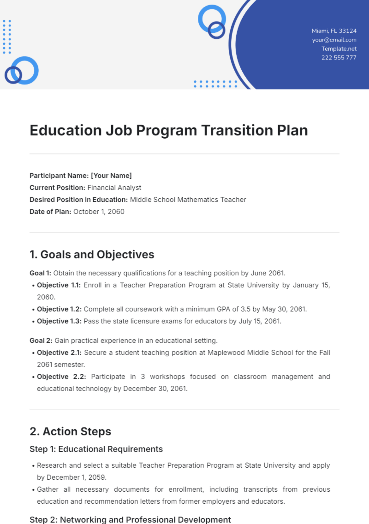 Education Job Program Transition Plan Template - Edit Online & Download