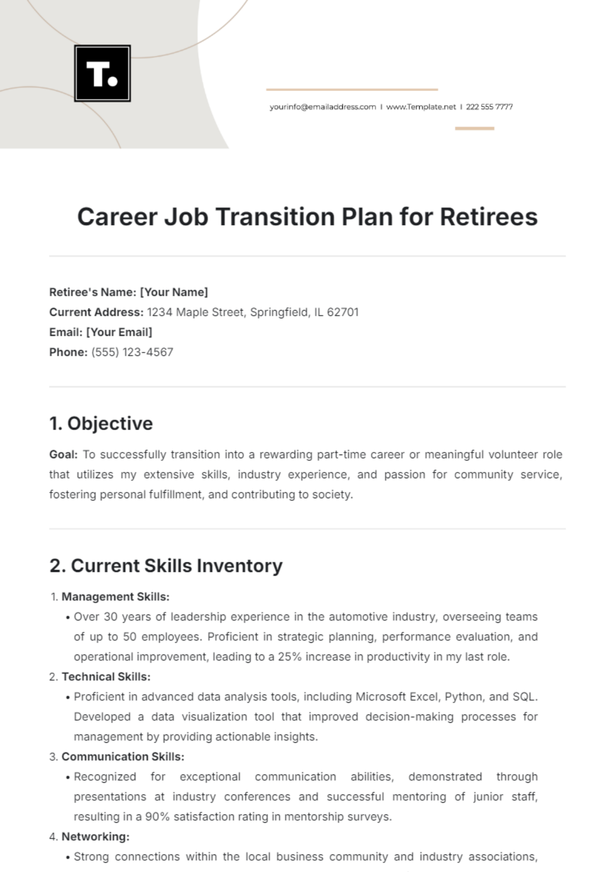 Career Job Transition Plan for Retirees Template - Edit Online & Download