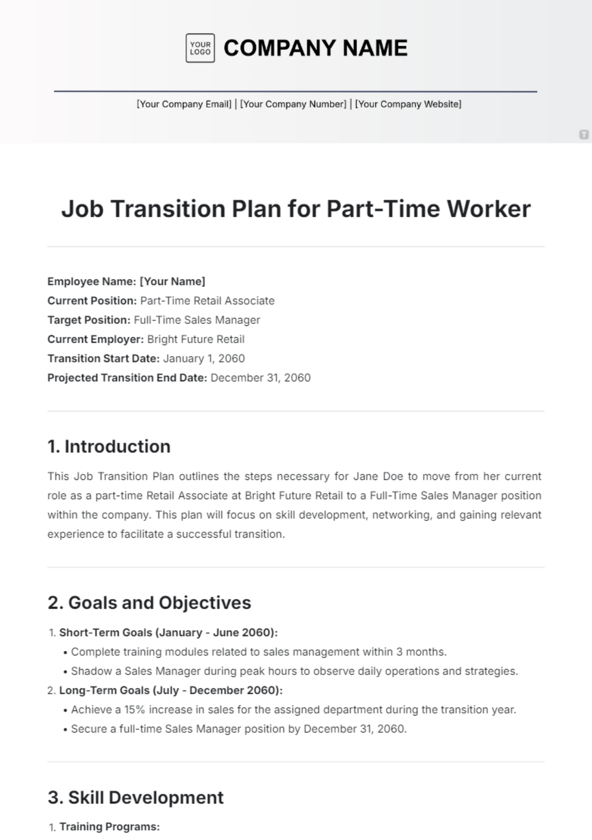 Job Transition Plan for Part-Time Worker Template - Edit Online & Download