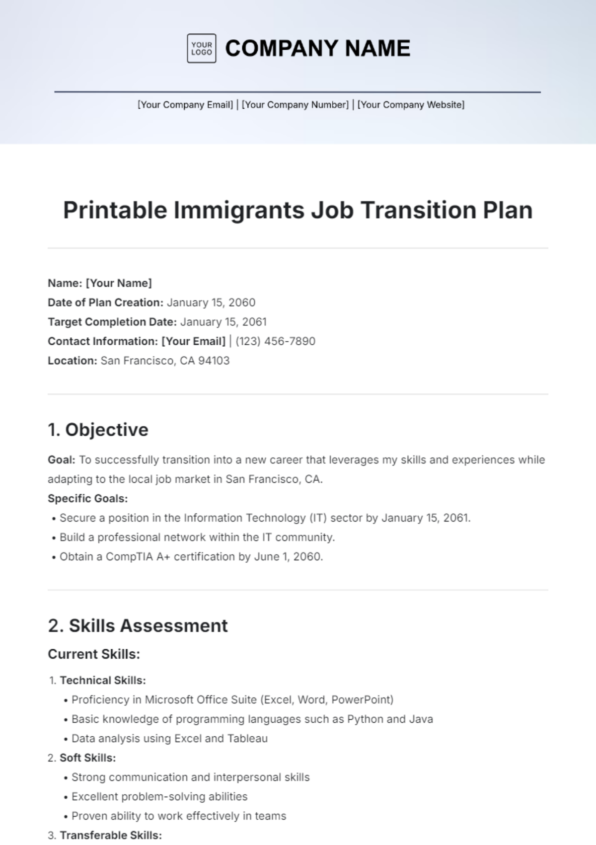 Printable Immigrants Job Transition Plan Template - Edit Online & Download