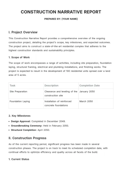 Free Construction Narrative Report Template to Edit Online