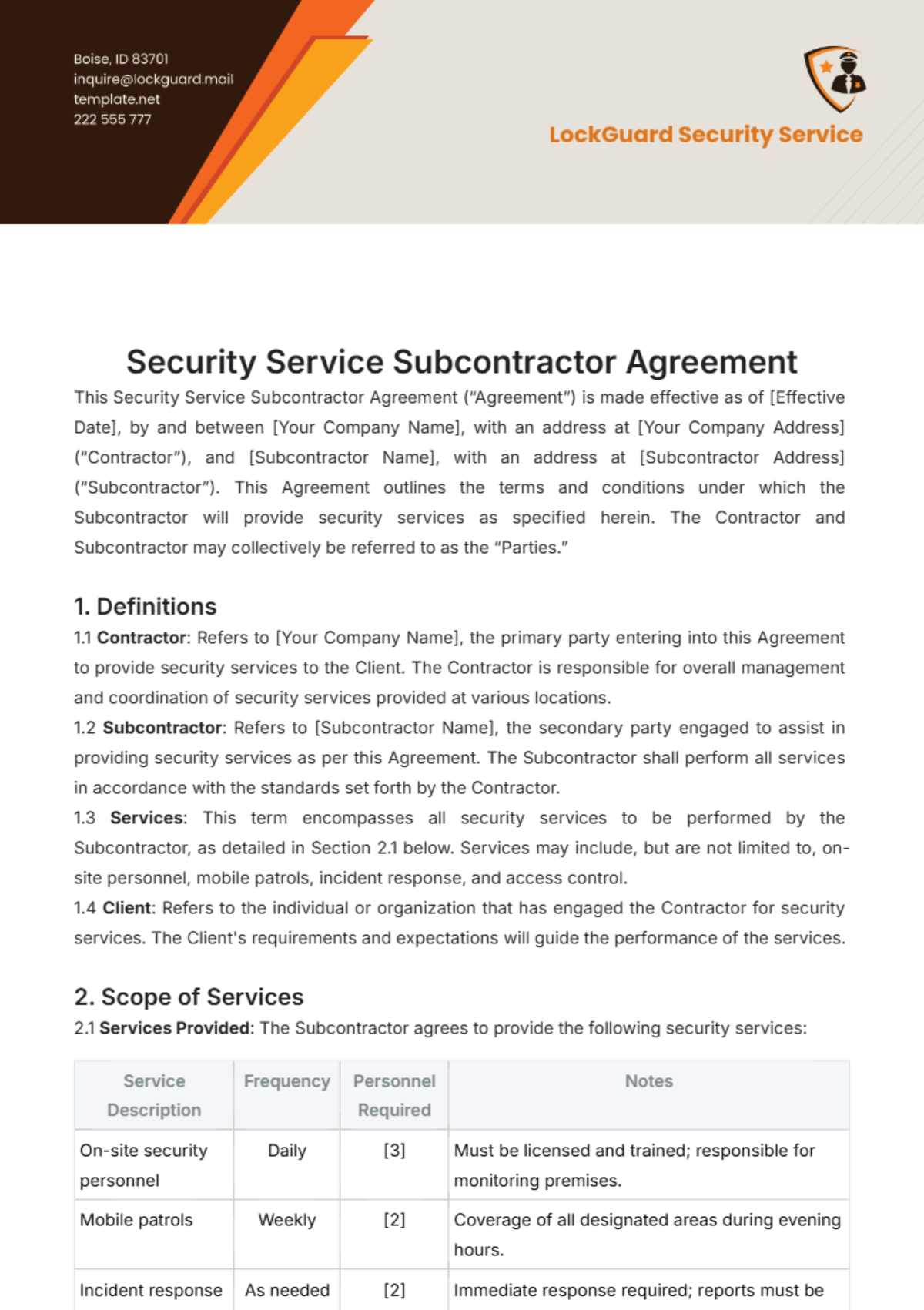 Security Service Subcontractor Agreement Template - Edit Online & Download