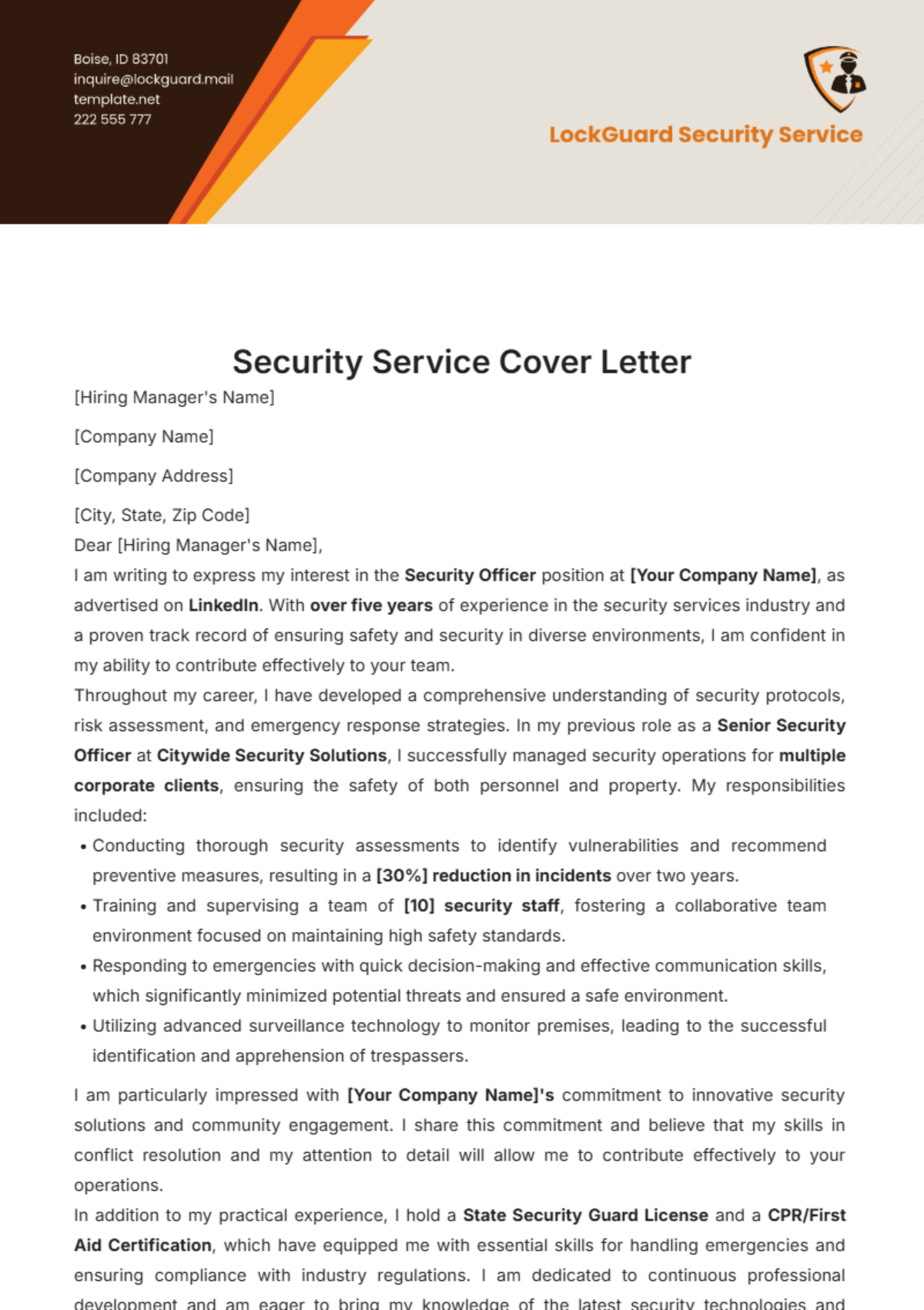 Security Service Cover Letter Template - Edit Online & Download