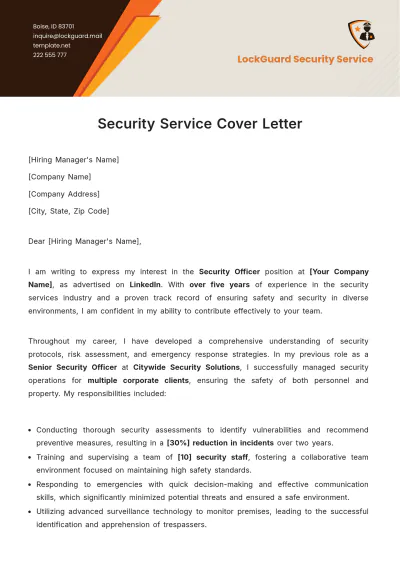 Free Security Service Cover Letter Template to Edit Online