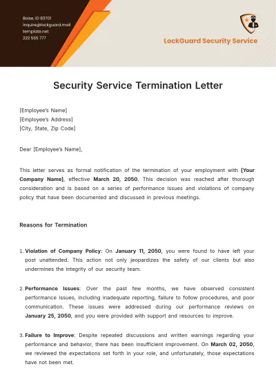 Free Security Service Termination Letter Template to Edit Online