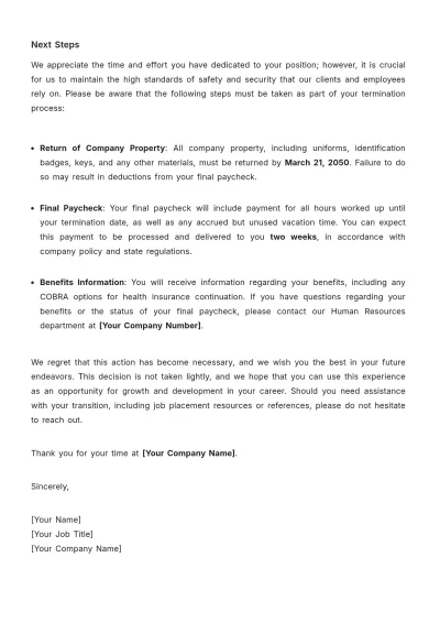 Free Security Service Termination Letter Template to Edit Online