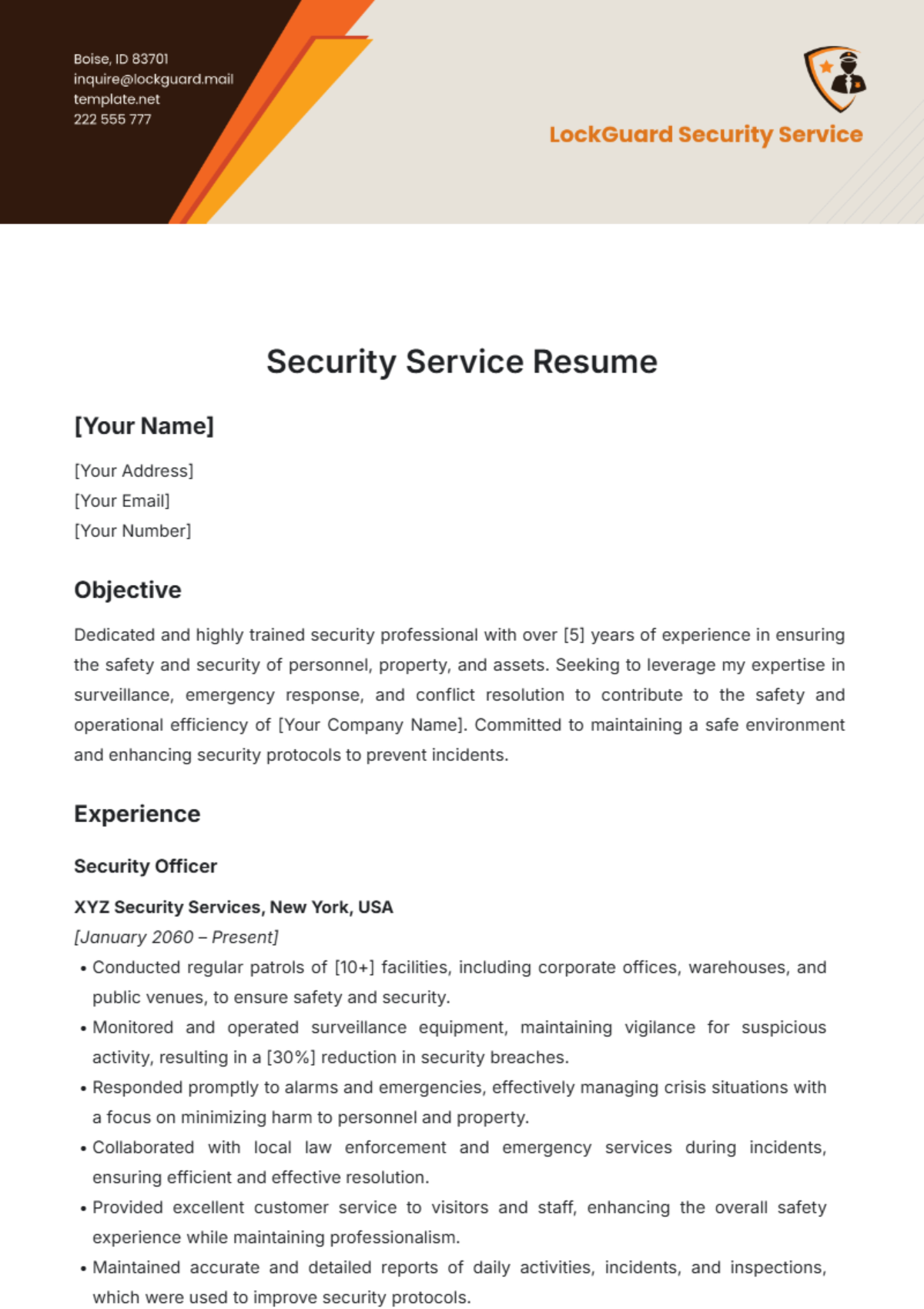 Security Service Resume Template - Edit Online & Download