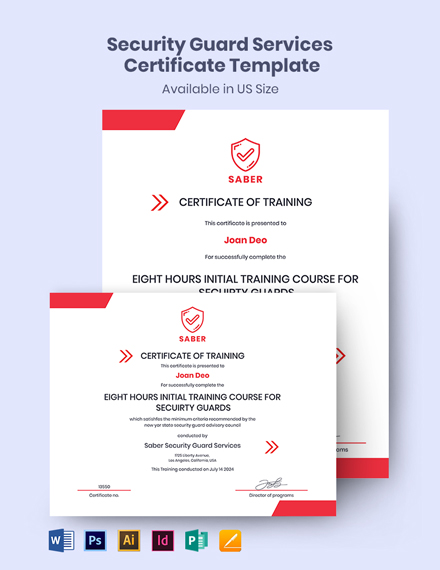 Security Guard Services Certificate Template - Illustrator, InDesign, Word, Apple Pages, PSD, Publisher