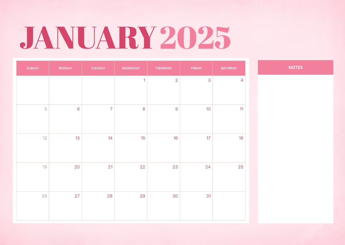 January 2025 Calendar with Notes Template - Download | Template.net