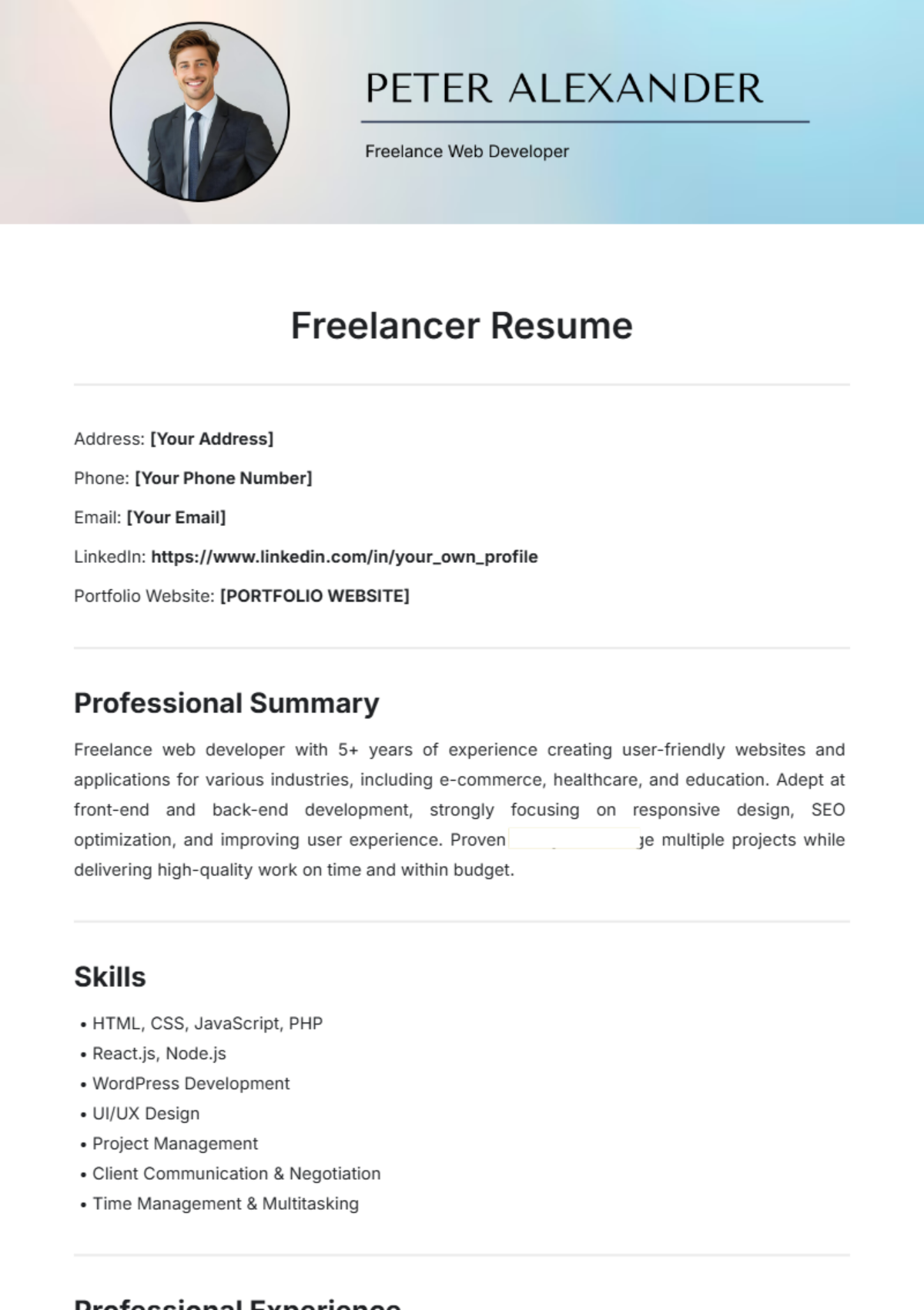 Freelancer Resume Template - Edit Online & Download