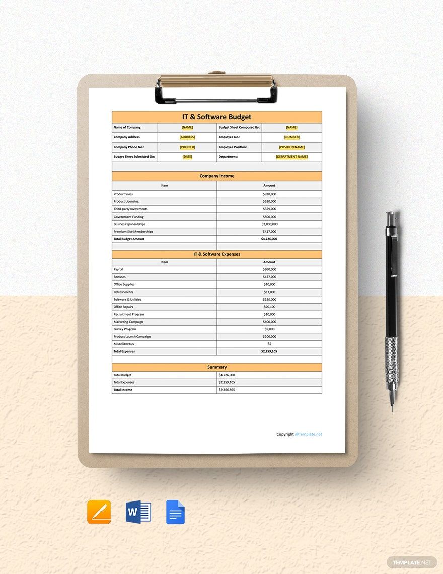Blank IT & Software Budget Template