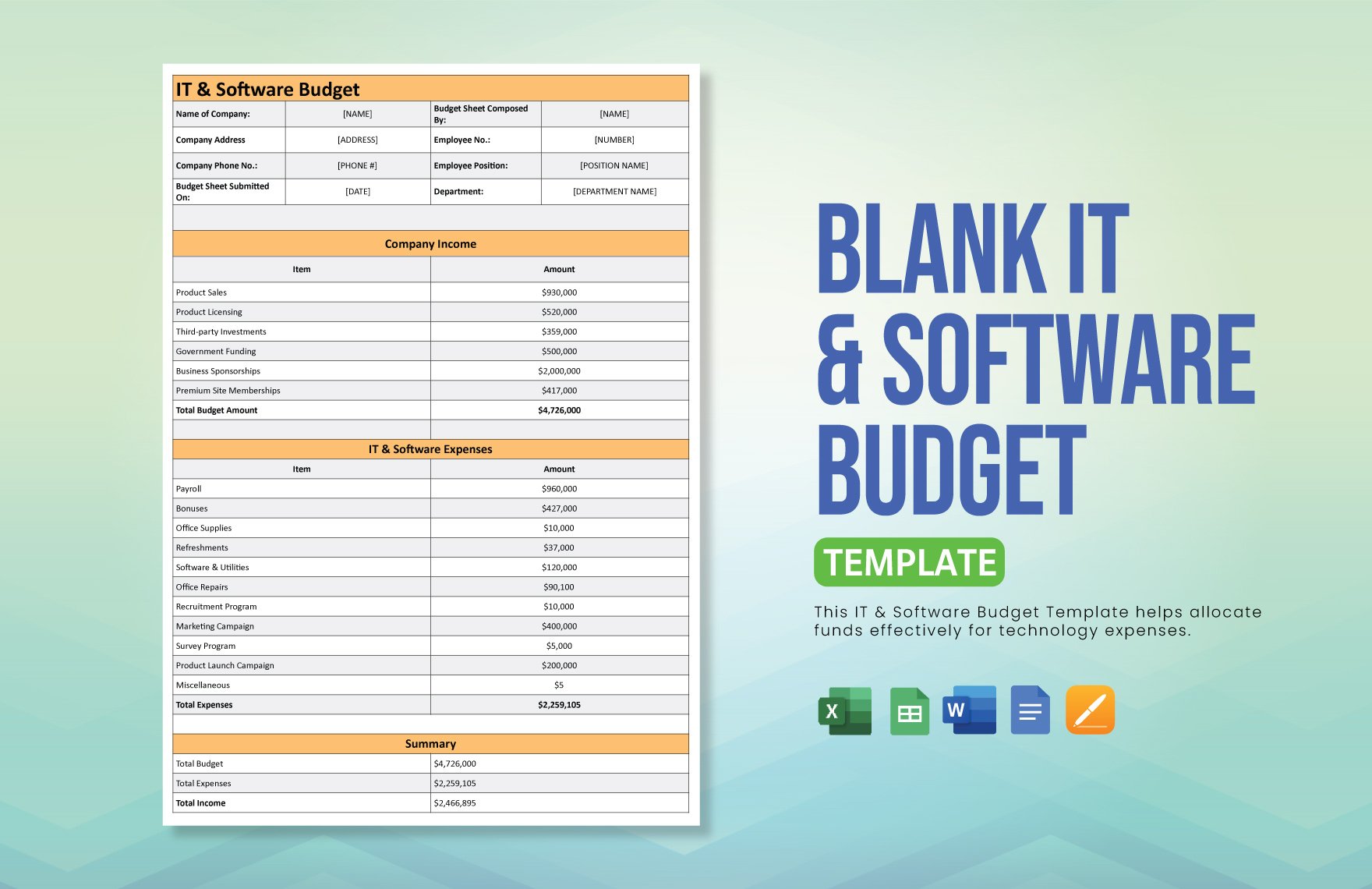 Blank IT & Software Budget Template in Word, Google Docs, Excel, Google Sheets, Apple Pages