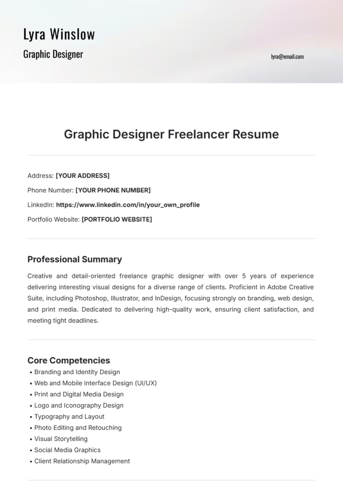 Graphic Designer Freelancer Resume Template - Edit Online & Download