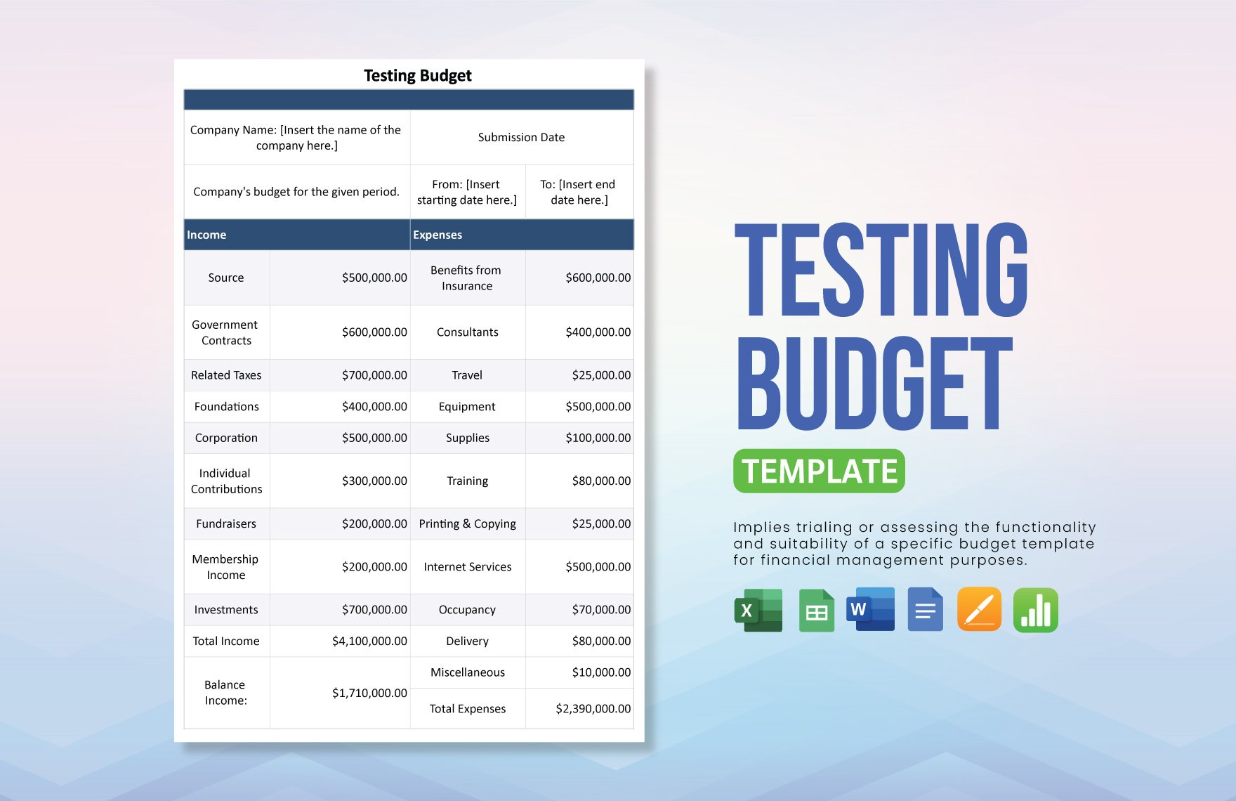 Testing Budget Template in Word, Google Docs, Excel, Google Sheets, Apple Pages, Apple Numbers